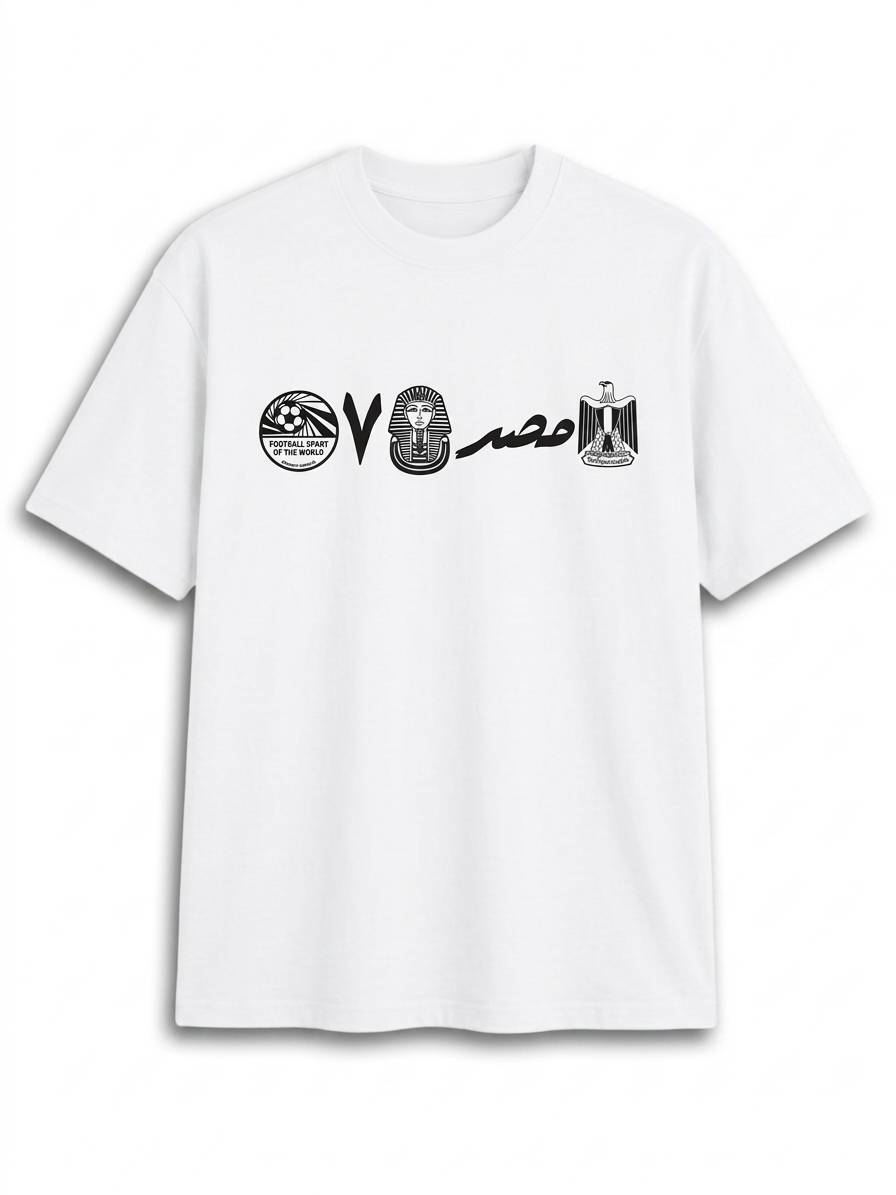 White t-shirt with black graphics and text on a white background