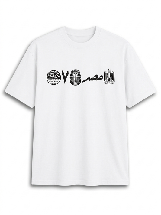 White t-shirt with black graphics and text on a white background