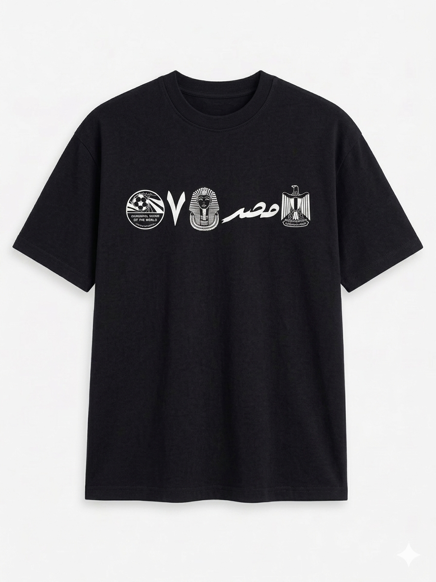 Black t-shirt with white graphics and text on a white background